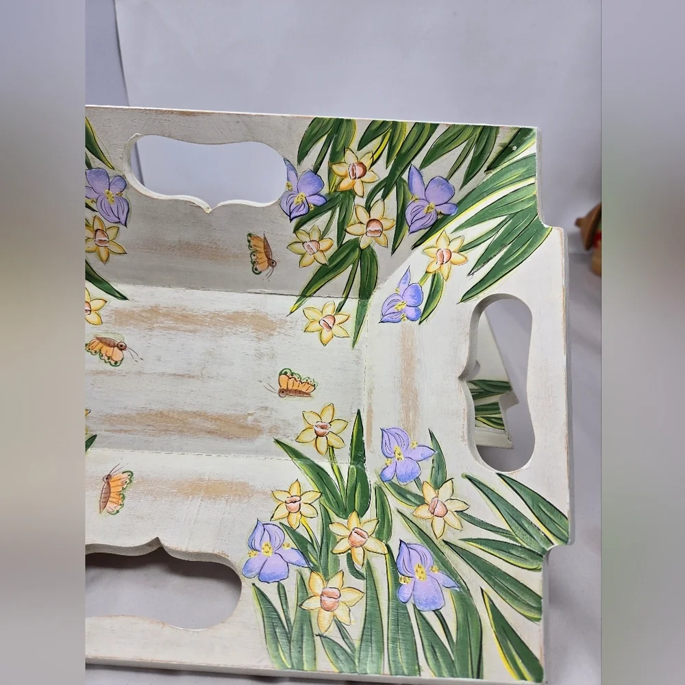 Wood Serving Trays Nesting Set Of 2 Handmade-Painted Trays Holders Decor Spring